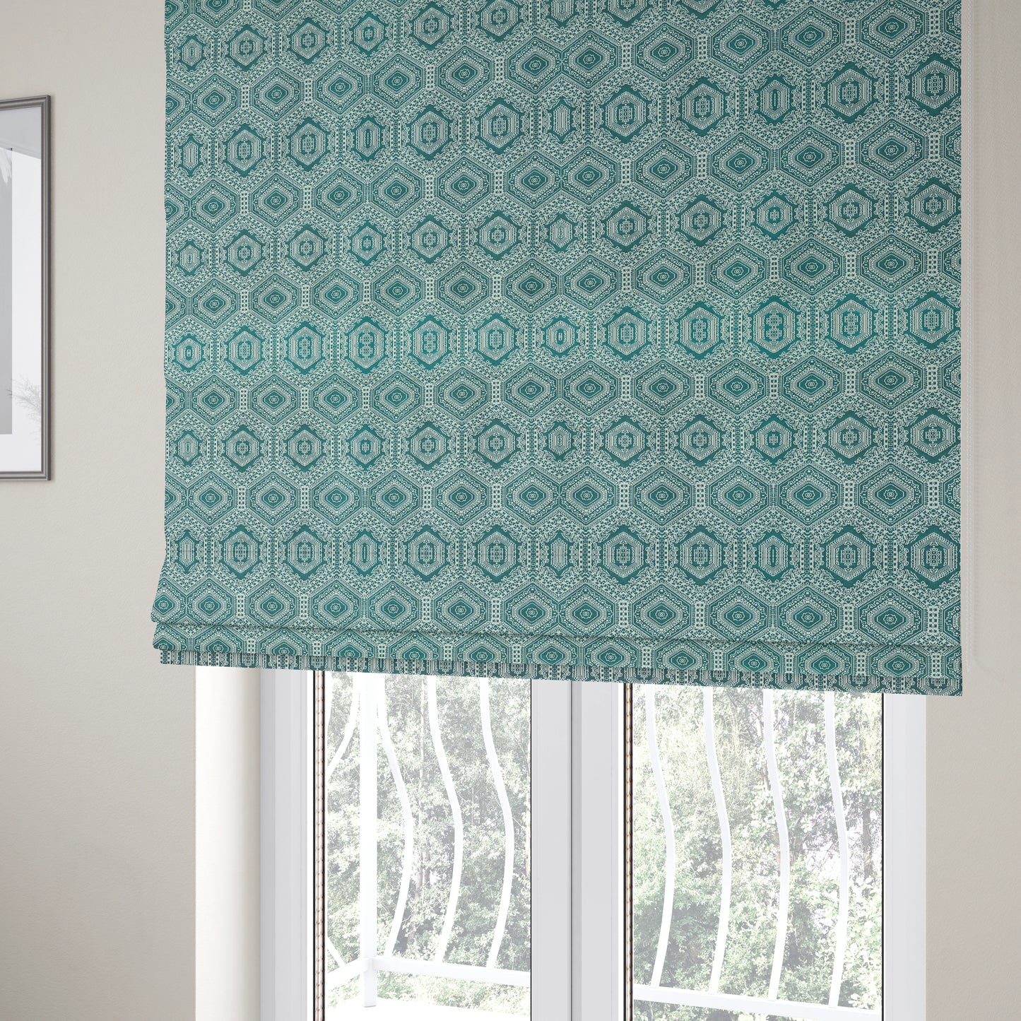 Althea Flat Weave Chenille Medallion Kilim Pattern In Teal White Furnishing Fabric CTR-333 - Roman Blinds