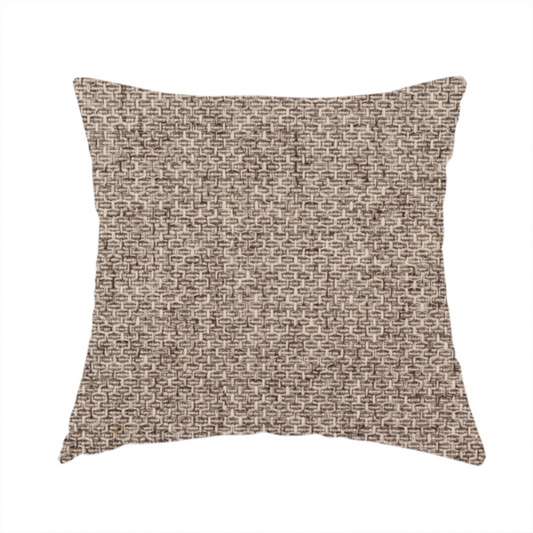 The fabric used to create this handmade cushion is a tightly woven fabric in a neutral, multi-tonal taupe and beige blend, featuring a distinct, structured basket-weave pattern.