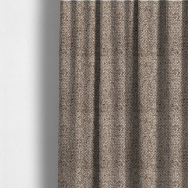 The fabric used to create these made-to-measure curtains is a tightly woven fabric in a neutral, multi-tonal taupe and beige blend, featuring a distinct, structured basket-weave pattern.