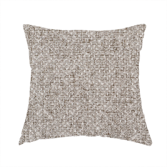 The fabric used to create these handmade cushions is a tightly woven fabric in a neutral, multi-tonal light grey and off-white blend, featuring a distinct, structured basket-weave pattern.