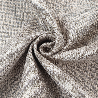 A tightly woven fabric in a neutral, multi-tonal light grey and off-white blend, featuring a distinct, structured basket-weave pattern.