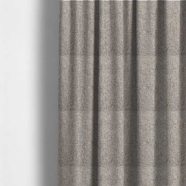 The fabric used to create these made-to-measure curtains is a tightly woven fabric in a neutral, multi-tonal light grey and off-white blend, featuring a distinct, structured basket-weave pattern.