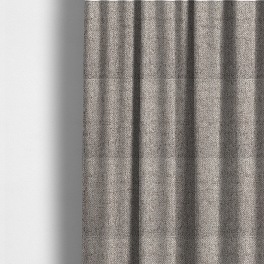 The fabric used to create these made-to-measure curtains is a tightly woven fabric in a neutral, multi-tonal light grey and off-white blend, featuring a distinct, structured basket-weave pattern.