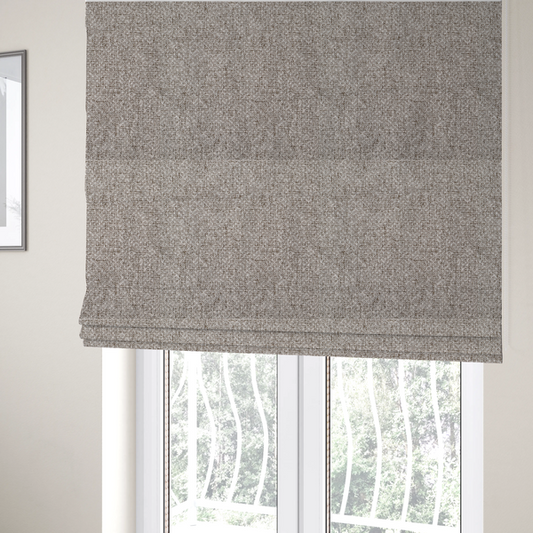 The fabric used to create these Roman blinds is a tightly woven fabric in a neutral, multi-tonal light grey and off-white blend, featuring a distinct, structured basket-weave pattern.