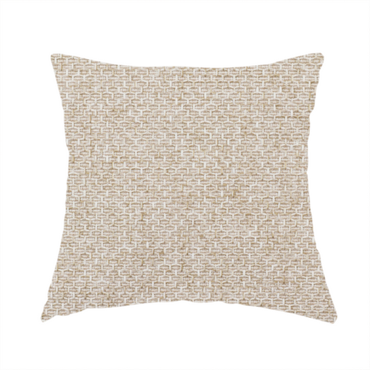 The fabric used to create this handmade cushion is a tightly woven fabric in a soft, neutral cream or off-white shade, featuring a distinct, structured basket-weave pattern