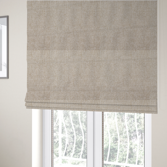 The fabric used to create these Roman blinds is a tightly woven fabric in a soft, neutral cream or off-white shade, featuring a distinct, structured basket-weave pattern.