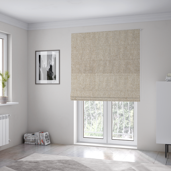 The fabric used to create these Roman blinds is a tightly woven fabric in a soft, neutral cream or off-white shade, featuring a distinct, structured basket-weave pattern.