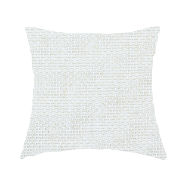 The fabric used to create this handmade cushion is a tightly woven fabric in a clean, crisp off-white or light cream shade, featuring a distinct, structured basket-weave pattern.