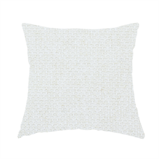 The fabric used to create this handmade cushion is a tightly woven fabric in a clean, crisp off-white or light cream shade, featuring a distinct, structured basket-weave pattern.