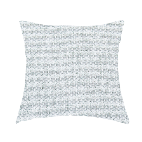 The fabric used to create this handmade cushion is a tightly woven fabric in a bright, airy, and cool-toned silvery white, featuring a distinct, structured basket-weave pattern.