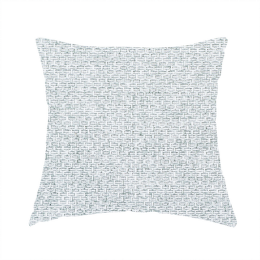 The fabric used to create this handmade cushion is a tightly woven fabric in a bright, airy, and cool-toned silvery white, featuring a distinct, structured basket-weave pattern.