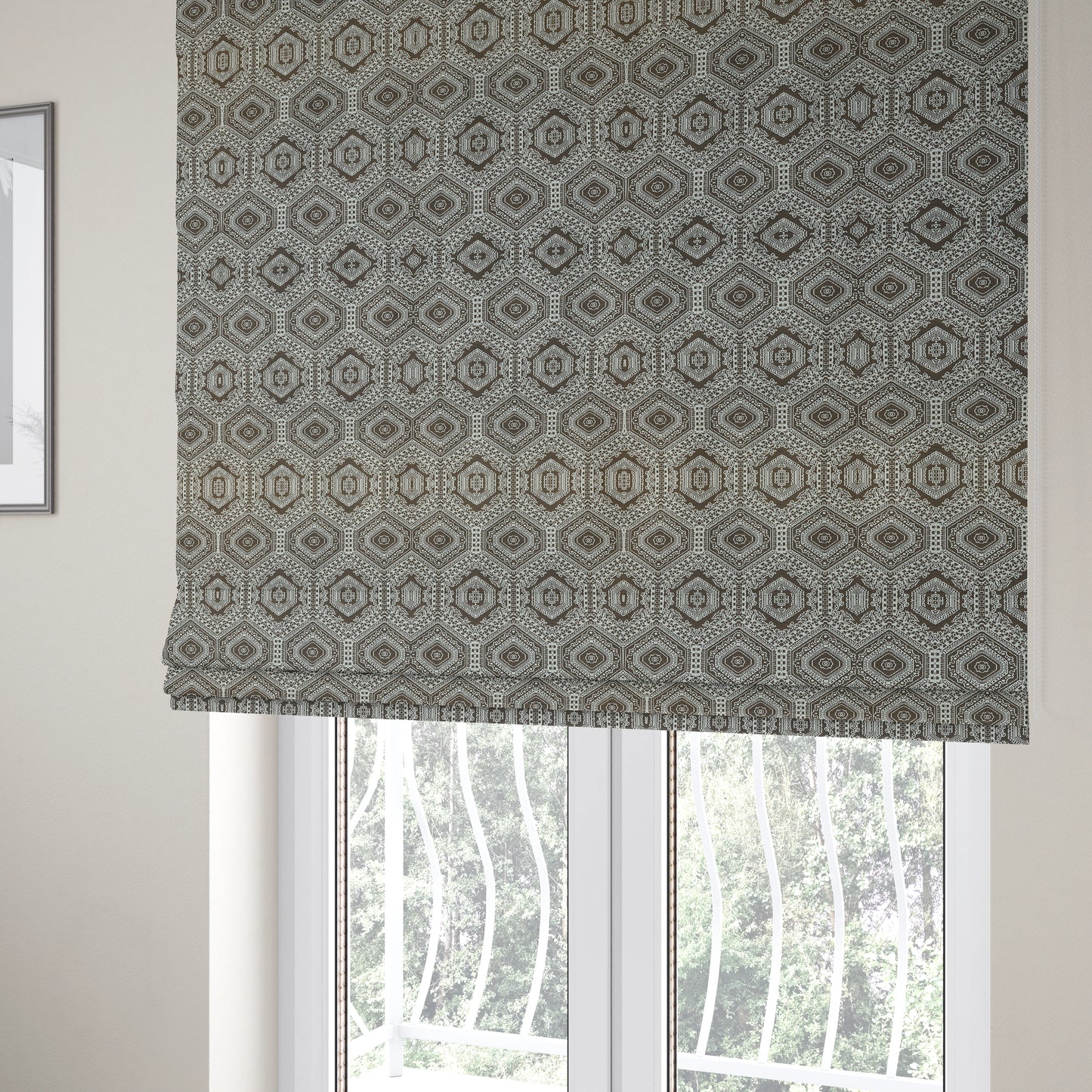 Althea Flat Weave Chenille Medallion Kilim Pattern In Brown White Furnishing Fabric CTR-334 - Roman Blinds