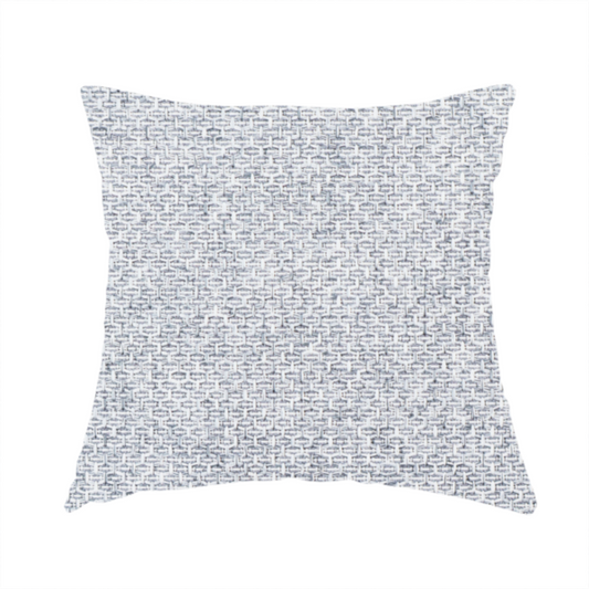 The fabric used to create these handmade cushions is a tightly woven fabric featuring a blend of white and cool-toned grey threads, creating a soft, light heathered effect with a distinct, structured basket-weave pattern.
