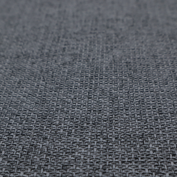A sturdy, woven upholstery fabric in a deep, sophisticated charcoal grey. Like the previous samples, it features a tight, consistent weave with an interlocking geometric pattern.
