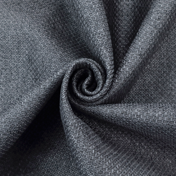 A sturdy, woven upholstery fabric in a deep, sophisticated charcoal grey. Like the previous samples, it features a tight, consistent weave with an interlocking geometric pattern.