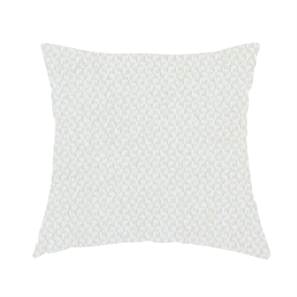 The fabric used to create this handmade cushion is a tight, basket weave-style construction in an off-white or cream colour.