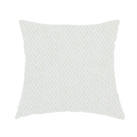 The fabric used to create this handmade cushion is a tight, basket weave-style construction in an off-white or cream colour.