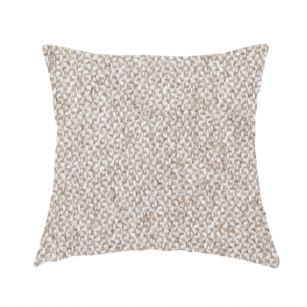 The fabric used to create this handmade cushion is a multi-tonal, textured basket weave in a sophisticated blend of beige, taupe, and off-white yarns.
