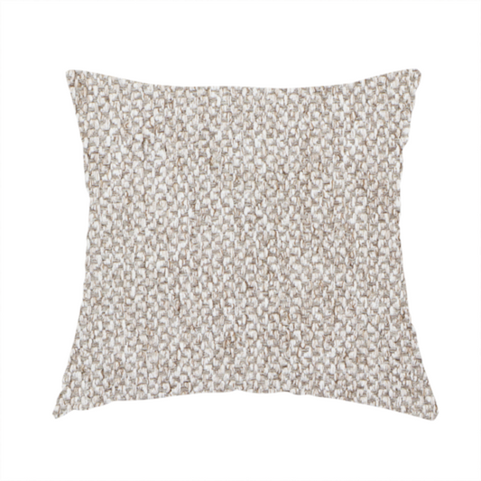 The fabric used to create this handmade cushion is a multi-tonal, textured basket weave in a sophisticated blend of beige, taupe, and off-white yarns.