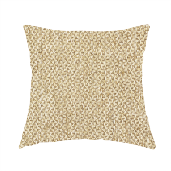 The fabric used to create this handmade cushion is a fabric features a rich, multidimensional basket weave in warm, golden-tan tones.