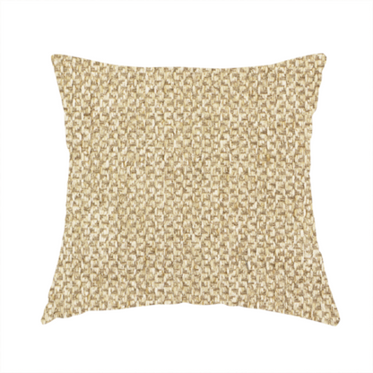 The fabric used to create this handmade cushion is a fabric features a rich, multidimensional basket weave in warm, golden-tan tones.