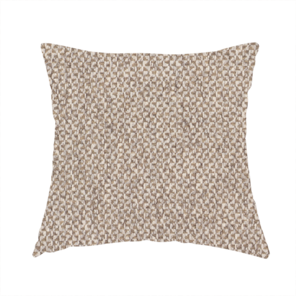 The fabric used to create this handmade cushion is a fabric features a tight, structured basket weave in a sophisticated blend of cool taupe, grey, and off-white yarns.
