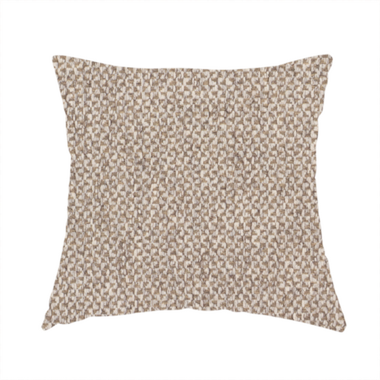 The fabric used to create this handmade cushion is a fabric features a tight, structured basket weave in a sophisticated blend of cool taupe, grey, and off-white yarns.
