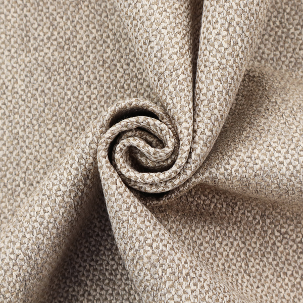 This fabric features a tight, structured basket weave in a sophisticated blend of cool taupe, grey, and off-white yarns.