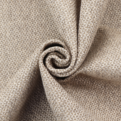 This fabric features a tight, structured basket weave in a sophisticated blend of cool taupe, grey, and off-white yarns.
