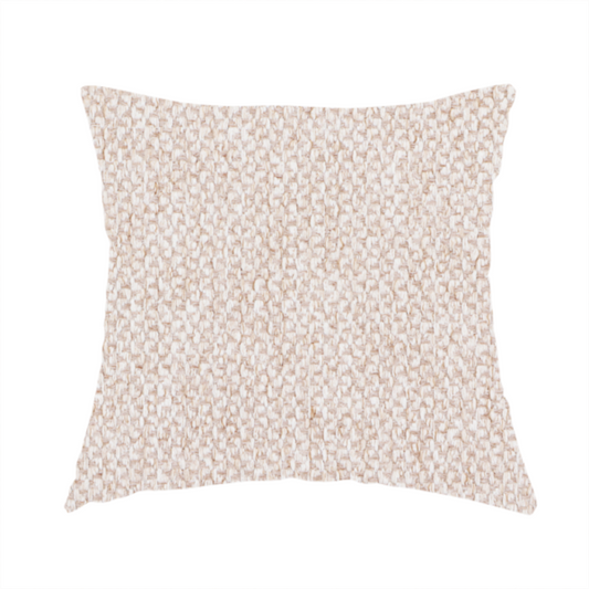 The fabric used to create this handmade cushion is a fabric features a delicate, fine-grained basket weave in a soft, light blush or warm champagne tone.