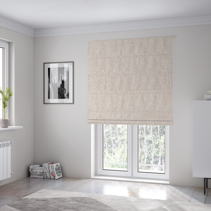 The fabric used to create these Roman blinds is a fabric features a delicate, fine-grained basket weave in a soft, light blush or warm champagne tone.