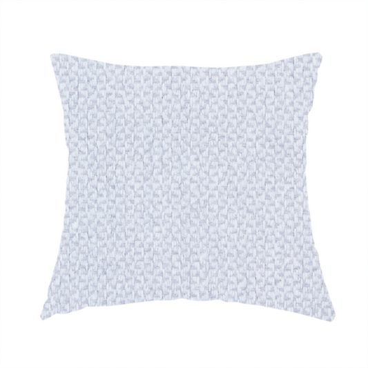 The fabric used to create these handmade cushions is a fabric features a tight, structured basket weave in a sophisticated, cool-toned silver.