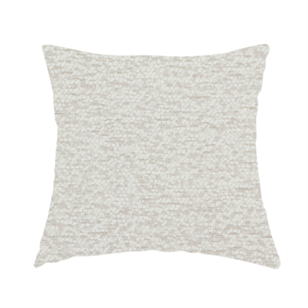 The fabric used to create these handmade cushions is a sophisticated, multi-tonal neutral weave. It features a blend of cream, beige, and soft taupe threads, creating a subtle, heathered effect.