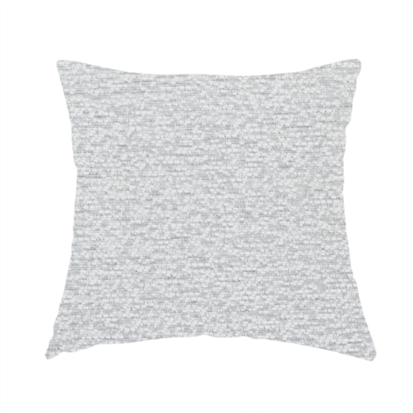The fabric used to create this handmade cushion is a clean, contemporary light-grey and white weave. It is crafted with a dense, nubby construction that creates a subtle horizontal ribbing effect, providing both visual dimension and a soft, tactile quality.