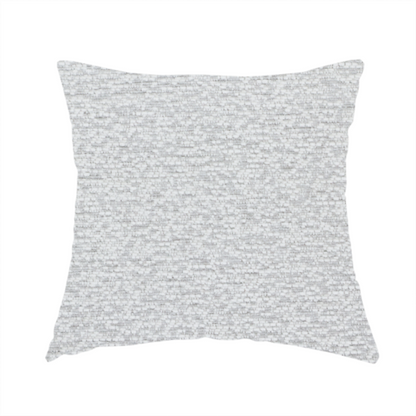 The fabric used to create this handmade cushion is a clean, contemporary light-grey and white weave. It is crafted with a dense, nubby construction that creates a subtle horizontal ribbing effect, providing both visual dimension and a soft, tactile quality.