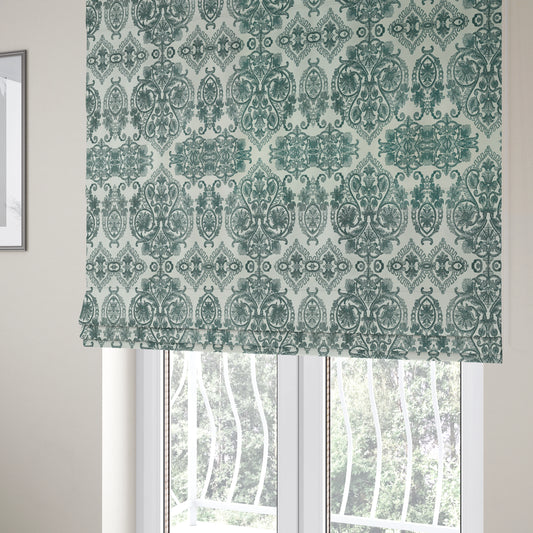 Starla Flat Weave Chenille Damask Pattern In Teal Furnishing Fabric CTR-338 - Roman Blinds