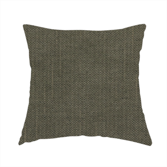 The fabric used to create this handmade cushion is a textured woven fabric in a deep olive green or charcoal-olive hue.