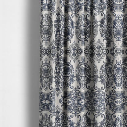 Starla Flat Weave Chenille Damask Pattern In Blue Furnishing Fabric CTR-339 - Made To Measure Curtains