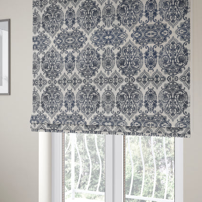 Starla Flat Weave Chenille Damask Pattern In Blue Furnishing Fabric CTR-339 - Roman Blinds