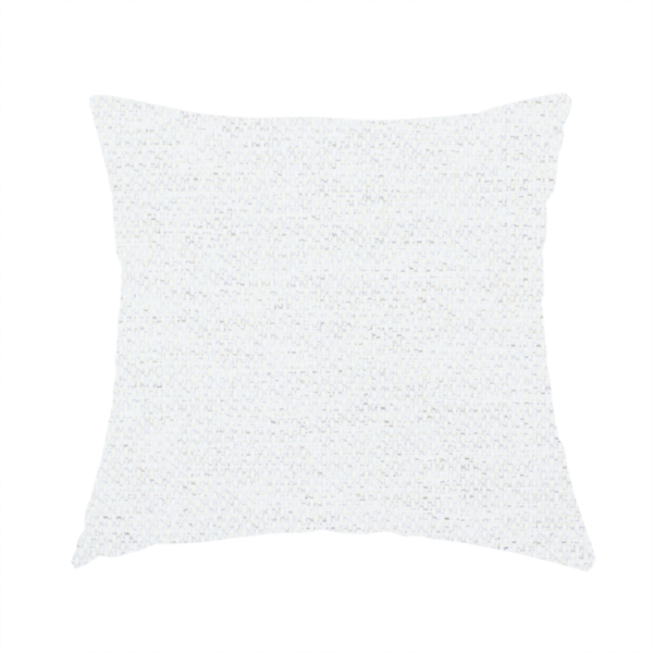 The fabric used to create this handmade cushion is a white woven upholstery fabric with a subtle, textured grain.