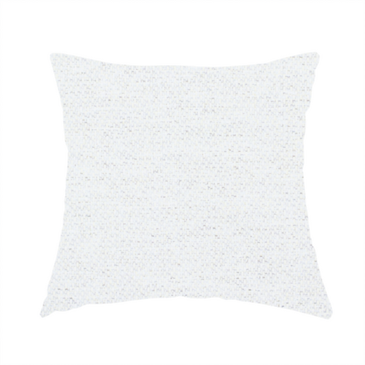 The fabric used to create this handmade cushion is a white woven upholstery fabric with a subtle, textured grain.