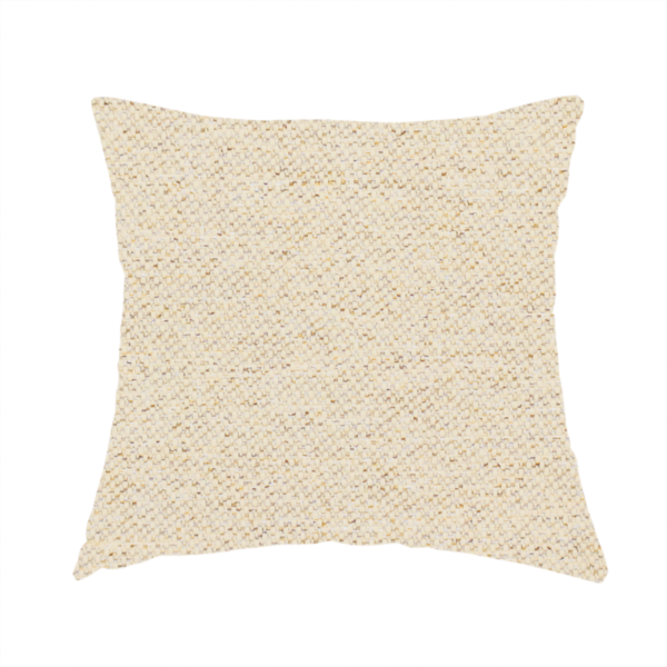 The fabric used to create this handmade cushion is a light beige woven upholstery fabric with a dense, sandy texture.