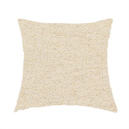 The fabric used to create this handmade cushion is a light beige woven upholstery fabric with a dense, sandy texture.