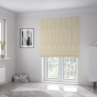 The fabric used to create these Roman blinds is a light beige woven upholstery fabric with a dense, sandy texture.