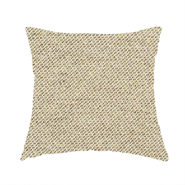 The fabric used to create this handmade cushion is a multi-tonal, tan and olive woven upholstery fabric with a diagonal texture.