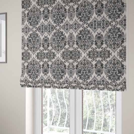 Starla Flat Weave Chenille Damask Pattern In Black Furnishing Fabric CTR-341 - Roman Blinds