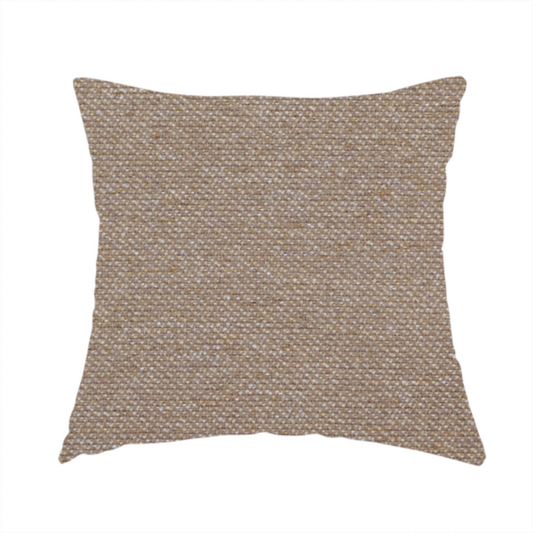 The fabric used to create this handmade cushion is a muted taupe or mushroom-coloured textile with a tight diagonal twill weave. The fabric is a multi-tonal blend, interlacing earthy brown and grey-beige yarns with fine cream and gold flecks, creating a sophisticated heathered effect.