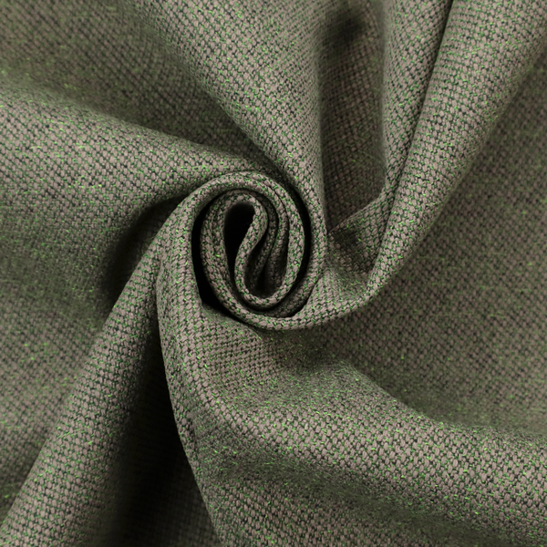 An olive or moss green textile featuring a dense diagonal twill weave. The fabric is a multi-tonal blend, interlacing earthy brownish-grey yarns with vibrant lime green flecks, creating a textured, heathered appearance.