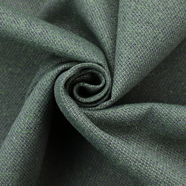 A charcoal or slate grey textile with a tight diagonal twill weave. The fabric is a multi-tonal blend, interlacing dark grey yarns with subtle, bright lime green flecks that provide a modern, heathered dimension.