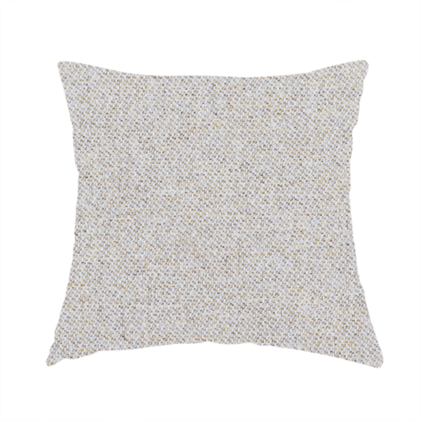 The fabric used to create this handmade cushion is a light oatmeal or pearl grey textile featuring a tight diagonal twill weave. The fabric is a multi-tonal blend, interlacing crisp white and pale grey yarns with subtle flecks of soft gold and charcoal, creating a luminous, heathered appearance.